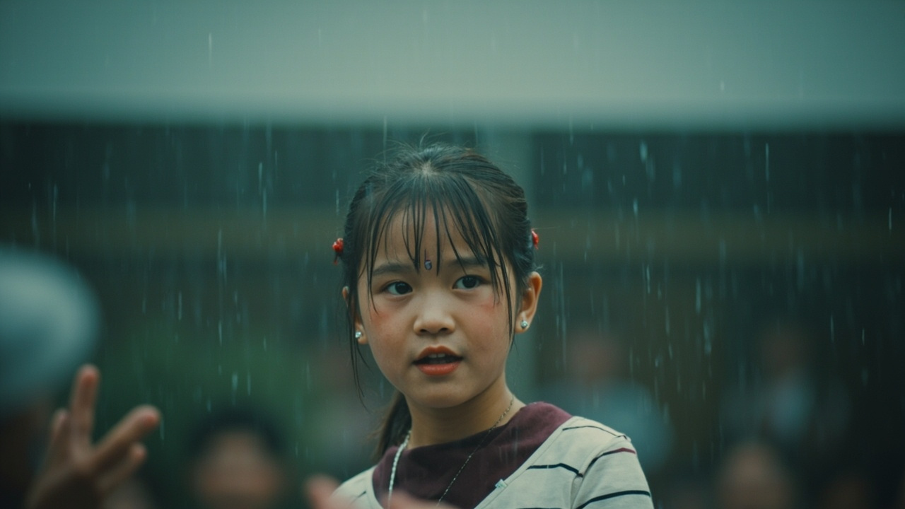 暴雨中的校园开学典礼现场