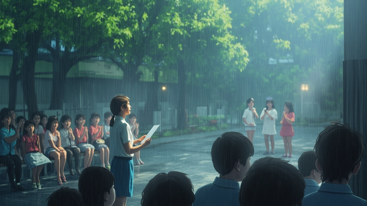 校长在教学楼连廊下通过扩音器提醒学生