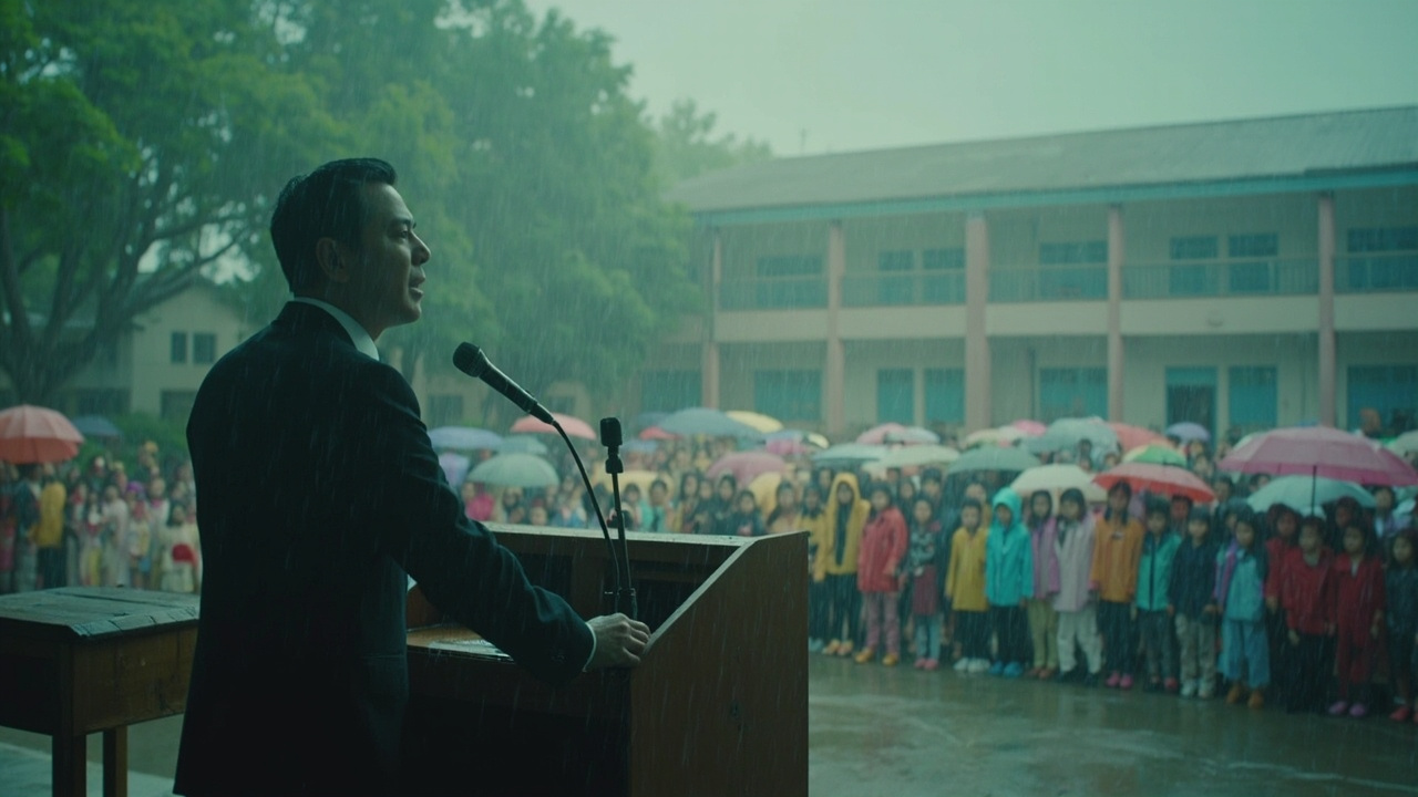 雨停后学生有序走进新教室开始校园生活